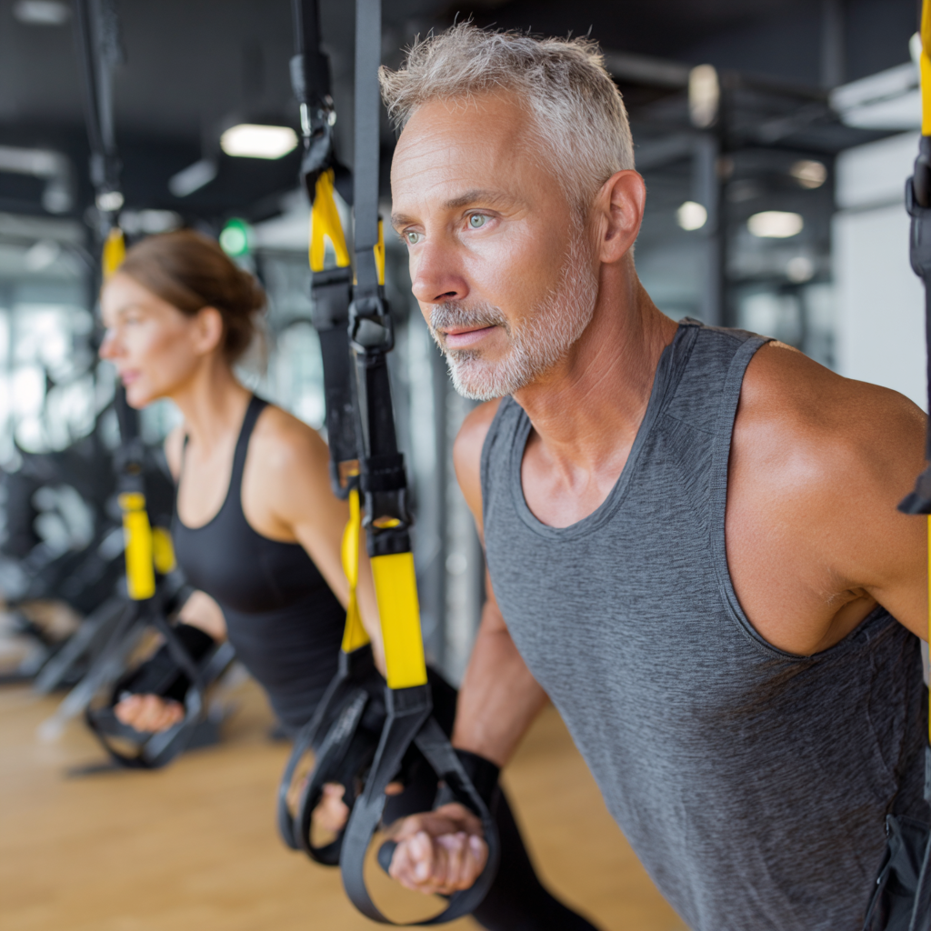 Мъж на 55 години работи с персонален треньор на функционални упражнения използвайки TRX системи в модерна фитнес зала