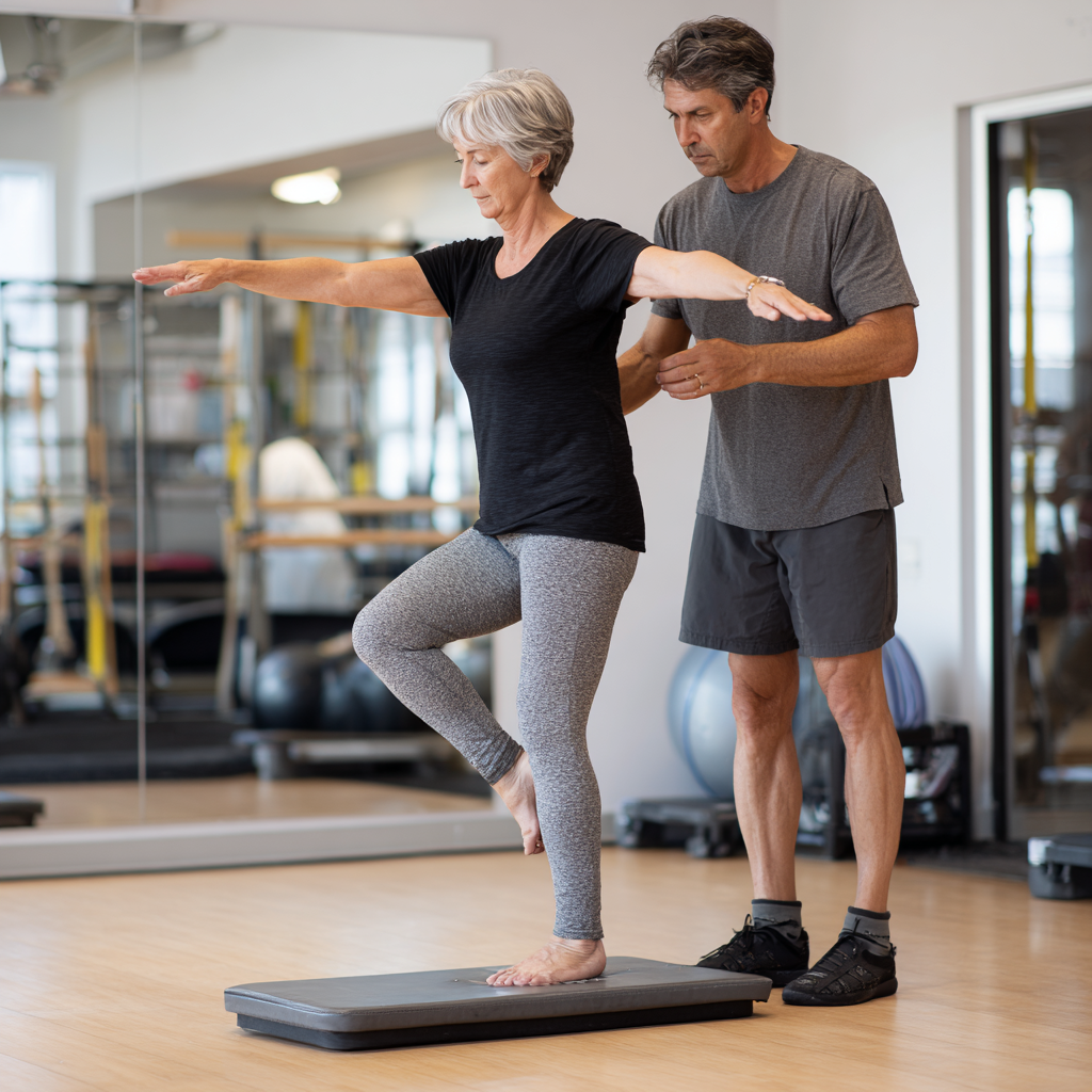 Жена на 58 години изпълнява упражнение за баланс на едно крако върху балансираща подложка под внимателното наблюдение на треньор