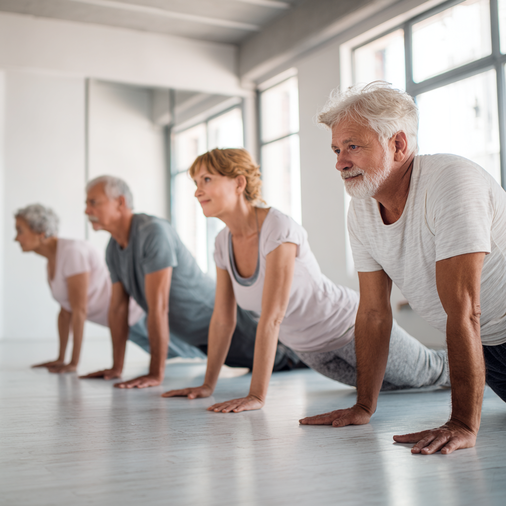 Група от четирима възрастни хора между 50-60 години правят упражнения за гъвкавост в светла студио зала с професионален треньор